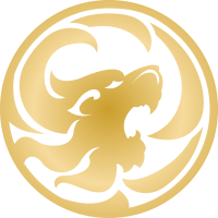 Stylized gold lion head in a circular design on a white background.