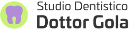 Logo con dente viola su fondo verde, testo "Studio Dentistico Dottor Gola".