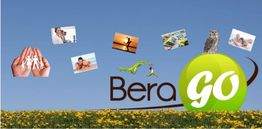 Logo "BeraGO" mit Fotos von Menschen und Natur. Eine grüne Kugel mit einer Eule steht im Vordergrund.
