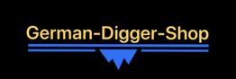 Logo mit gelbem Text "German-Digger-Shop" auf schwarzem Hintergrund, blaue Linien und Dreieck.