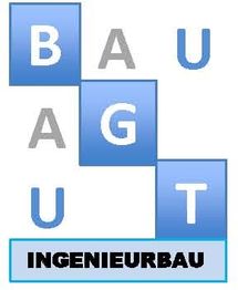 Blau-weiße Buchstaben bilden die Wörter "Bau" und "Gut", darunter steht "Ingenieurbau".