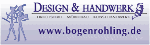 Banner mit Text "Design & Handwerk" und Website-Adresse "www.bogenrohling.de", lila Hintergrund.