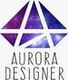 Geometric logo with text "Aurora Designer" in purple and blue galaxy tones.