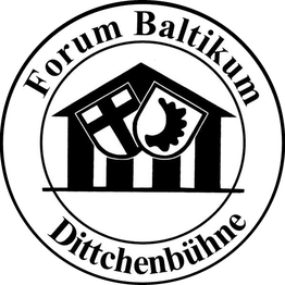 Logo mit Text "Forum Baltikum Dittchenbühne", Kreuz- und Blätterwappen in einem Gebäude.