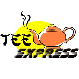 Logo mit orangener Teekanne, gelbem Kreis und Text "TEE EXPRESS" in stilisierter Schrift.