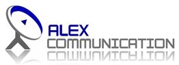 Logo mit Satellitenschüssel und Text "Alex Communication" in Blau und Grau.