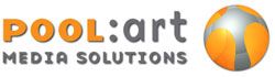Logo von Pool:art Media Solutions mit orangenem und grauem Text, daneben ein oranger Ball.