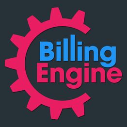 Rotes Zahnrad mit blau-rotem Text "Billing Engine" auf dunkelgrauem Hintergrund.