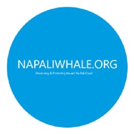 Blue circle with "NAPALIWHALE.ORG" text for Kauai's Na Pali Coast conservation.