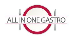Logo mit Teller, Gabel, Messer und dem Text "All in One Gastro" in roten und grauen Farben.