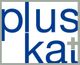 Textlogo mit den blauen Buchstaben "pluskat" und einem grauen Kreuzzeichen im Rahmen.