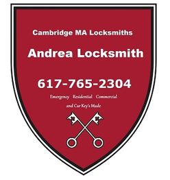 Red shield logo for Andrea Locksmith, Cambridge MA. Services: Emergency, Residential, Commercial.