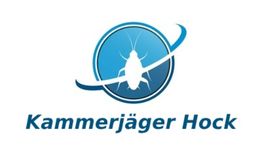 Logo mit Insektensymbol und Text "Kammerjäger Hock" in Blau.