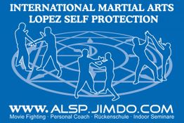 Silhouetten von Kampfsportlern, Website-URL www.alsp.jimdo.com und Text zu Lopez Selbstverteidigung.
