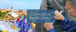 Cerrajero trabajando y vista de un mosaico colorido con texto "Cerrajeros Castelldefels".