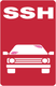 Rotes Schild mit weißem Auto und den Buchstaben "SSH" oben.