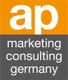Logo mit „ap marketing consulting germany“ in Weiß auf orange-grauem Hintergrund.