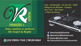 Cartão da VR Eventos com serviços de som e DJ, contatos e redes sociais listados.