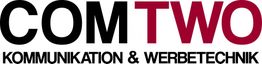 Logo mit Text: "COM TWO Kommunikation & Werbetechnik" in Schwarz und Rot.