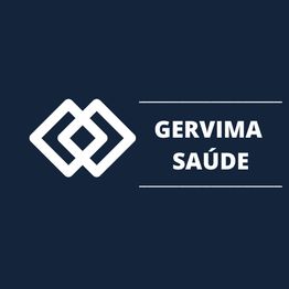 Logotipo da Gervima Saúde, com ícones geométricos brancos em fundo azul escuro.