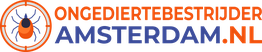 Logo met tekst: "Ongediertebestrijder Amsterdam.nl" en een oranje insect in een cirkel.