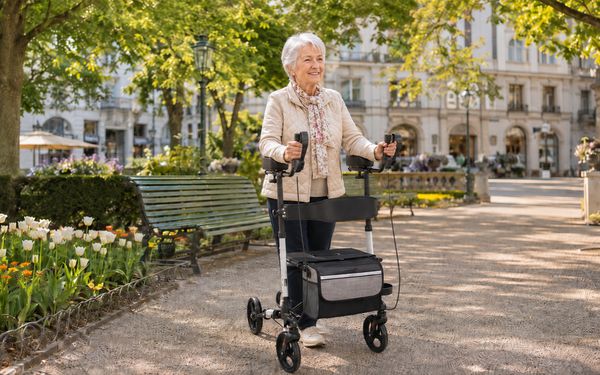 Ältere Frau mit beiger Steppjacke und geblümtem Halstuch spaziert mit einem Rollator mit Unterarmauflagen durch einen sonnigen Park.