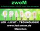 Sechs LED-Glühbirnen auf grünem Hintergrund; Text: "LED - LICHT - TECHNOLOGIE; www.led-zwom.de"