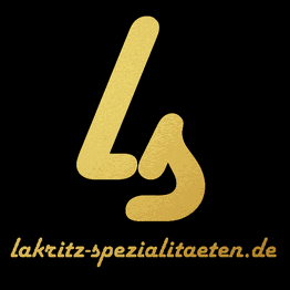Goldenes Logo mit den Buchstaben "Ls" und der Website "lakritz-spezialitaeten.de" in Schrift.