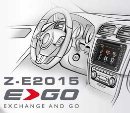 Zeichnung eines Autoinnenraums mit Lenkrad und Armaturenbrett, Text: Z-E2015, Exchange and Go.