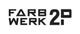 Schwarzes Logo mit dem Text "FARB WERK 2" in modernem Schriftstil auf weißem Hintergrund.