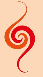 Abstrakte rote und orange Spirale auf beigem Hintergrund.