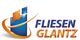 Logo mit blau-orangen Formen und dem Text "Fliesen Glantz" in lila-orangefarbenen Buchstaben.