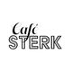 Logo van Café Sterk met sierlijke en robuuste lettertypes op witte achtergrond.