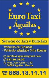 Tarjeta de Euro Taxi Águilas; servicios de taxi, contacto y dirección en Águilas, Murcia.