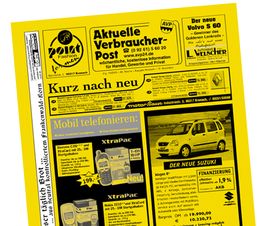 Gelbe Zeitungsseite mit Werbung für Autos, Mobiltelefone und Finanzierungsangebote.