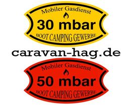 Gelbe und rote Plaketten für mobilen Gasdienst, 30 mbar und 50 mbar, Website: caravan-hag.de.