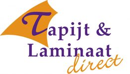 Logo met tekst "Tapijt & Laminaat direct" in paarse en oranje letters.
