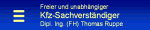 Text auf blauem Hintergrund: Freier Kfz-Sachverständiger Dipl. Ing. (FH) Thomas Ruppe.