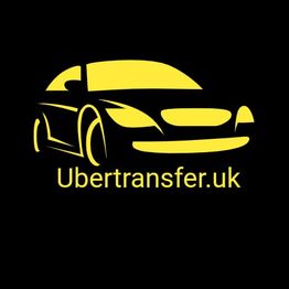 Silueta de coche amarillo y texto "Ubertransfer.uk" sobre fondo negro.