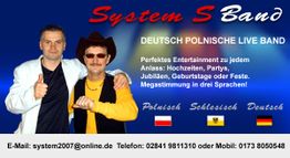 Zwei Bandmitglieder mit Info über die deutsch-polnische Liveband und Kontaktdetails.