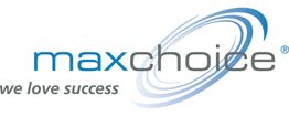 Logo mit blauem Wirbel und Text "maxchoice", darunter "we love success" in Grau.