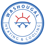 "Washougal Heating & Cooling logo with sun and snowflake."