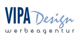 Logo mit Text: "VIPA Design werbeagentur" in Blau und Grau.