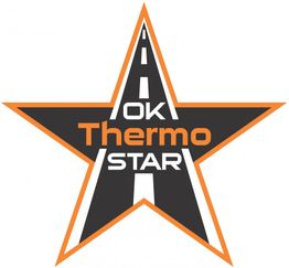 Stern-Logo mit "Thermo" in Orange und "OK" und "STAR" in Weiß. Straße in der Mitte des Sterns.