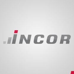 Graues Logo mit der Aufschrift „INCOR“ und roten Akzenten auf grauem Hintergrund.