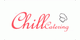 "Logo von Chill Catering mit rosa Schrift und Kochmütze auf weißem Hintergrund."