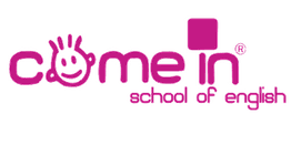 Logo de "come in", escuela de inglés, con texto en color rosa y cara sonriente.
