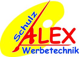 Rotes und blaues Logo „Schulz Alex Werbetechnik“ auf gelbem Hintergrund mit Pinsel-Symbol.