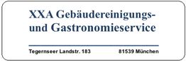 Firmenlogo mit Adresse: Tegernseer Landstr. 183, 81539 München. Gebäudereinigung und Gastronomie.