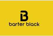 Black "B" and "barter black" text on a yellow background.